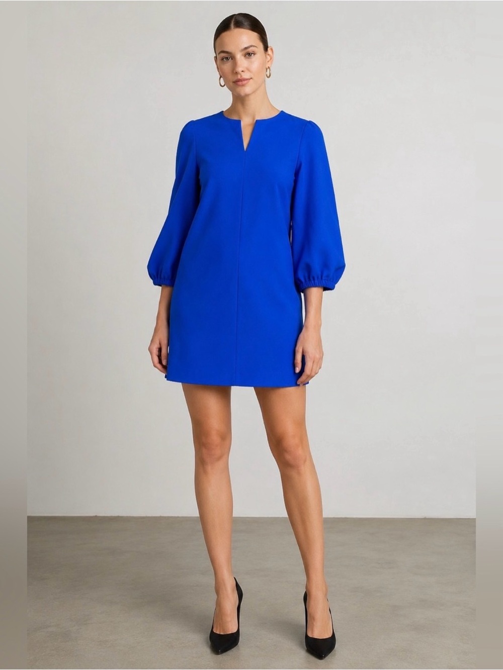 Tibi Blue Ponte Notch-Neck Balloon-Sleeve Mini Dress